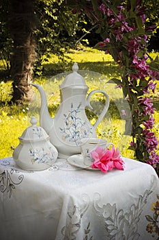 It`s tea time, afternoon in the garden with an elegant tea set framed by Mediterranean flowers