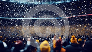 it\'s team professional celebrating confetti success their sports stadium while Fans snowing stands favorite arms raised casual
