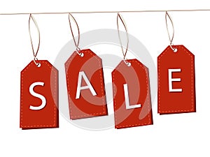 It`s time for seasonal discounts and sales. A set of red labels, which hang at different levels with the inscription of discounts