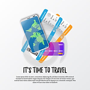 It`s time to travel poster banner template. illustration of boarding pass airplane ticket, smatrphone with world map, and credit