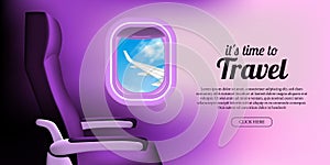 It`s time to travel poster banner template. illustration of inside plane cabin with seat and porthole window with blue sky and