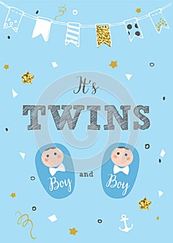 It`s twins. Baby birth announcement card vector design