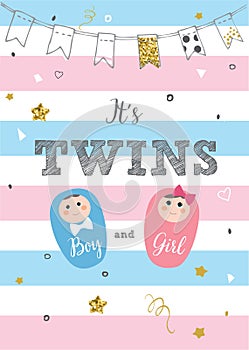 It`s twins. Baby birth announcement card vector design