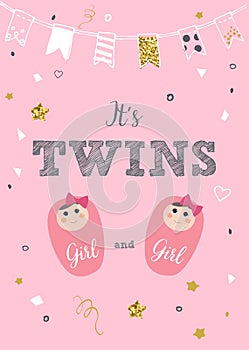 It`s twins. Baby birth announcement card vector design