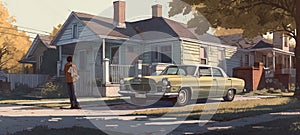 1970\'s Vintage Style Car Parked in Driveway at Suburban Home photo