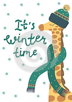 It`s winter time. Charming giraffe wearing a hat and scarf