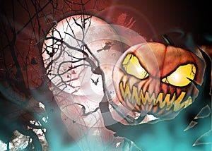 Scary Halloween Jack Pumpkin Head with a blood moon