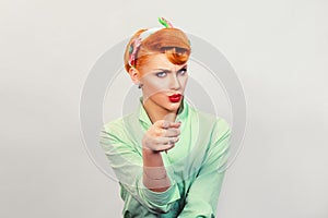 It`s you! Portrait angry annoyed pin up retro style woman getting mad pointing finger at you