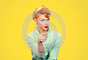 It`s you! Portrait angry annoyed pin up retro style woman getting mad pointing finger at you