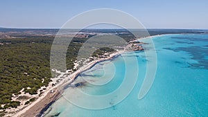 Sa Rapita, Mallorca Spain. Amazing drone aerial landscape of the charming Es Rapita beach and turquoise sea