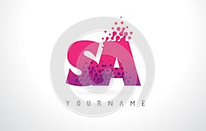 SA S A Letter Logo with Pink Purple Color and Particles Dots Design.