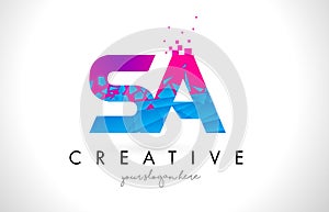 SA S A Letter Logo with Shattered Broken Blue Pink Texture Design Vector.