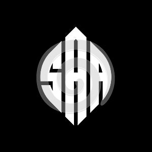 SAA circle letter logo design with circle and ellipse shape. SAA ellipse letters with typographic style. The three initials form a photo