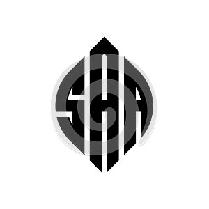 SAA circle letter logo design with circle and ellipse shape. SAA ellipse letters with typographic style. The three initials form a photo