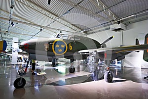 Saab J-21A fighter and attack aircraft in the Flygvapenmuseum (Swedish Air Force Museum)