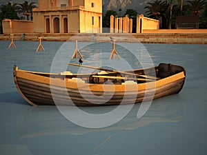 Saadian pavilion, Menara gardens, and Atlas in Marrakech, Morocco, Africa lake wooden boat. 3d rendering illustration