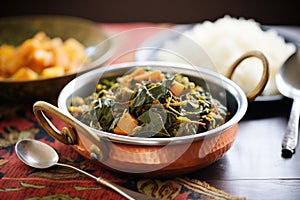 saag aloo in a copper serving bowl, rice behind