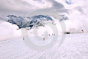 Saalbach, Austria ski slope and snow peaks panorama