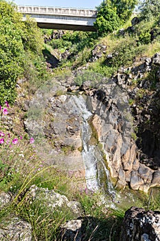 The  Saar mountain river with cold and crystal clear water flows in a crevice in the mountains of the Golan Heights in Israel