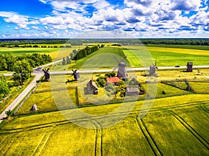 Saarema Island, Estonia: aerial top view of summer fields and Angla windmills in Leisi Parish photo