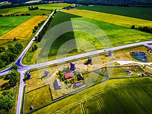 Saarema Island, Estonia: aerial top view of summer fields and Angla windmills in Leisi Parish photo