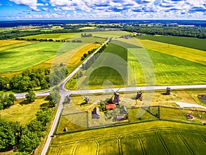 Saarema Island, Estonia: aerial view of summer fields and Angla windmills in Leisi Parish photo