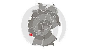 Saarland federal state blinking red highlighted in map of Germany