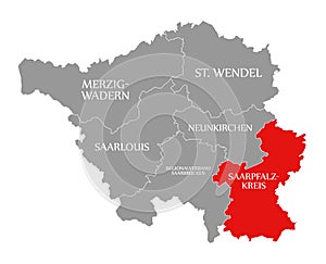Saarpfalz Kreis red highlighted in map of Saarland Germany DE