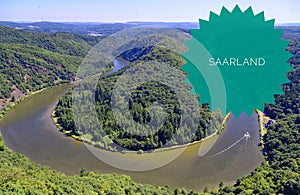 Saarschleife of the Saar near Orscholz with the inscription star in green Saarland with a view of the entire Saarbiegung in Saar-L