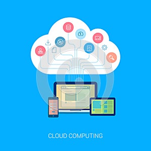 Saas cloud network and device analytics flat icon