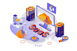 SaaS concept in 3d isometric design. Users subscribe to software