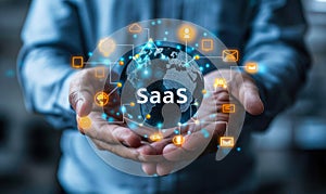 SaaS Software as a Service and cloud computing concept - person holding a globe surrounded by app icons representing on-demand