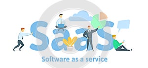 SaaS, software as a service. Cloud software on computers, mobile devices, codes, app server and database. Vector