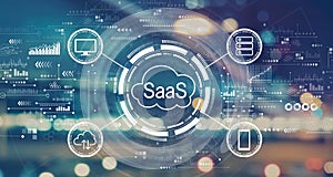 SaaS - software as a service concept with blurred city lights