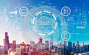 SaaS - software as a service concept with downtown Chicago cityscape