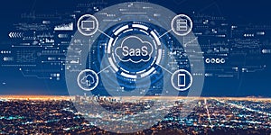 SaaS - software as a service concept with downtown Los Angeles