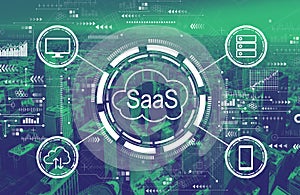 SaaS - software as a service concept with downtown San Francisco