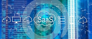 SaaS - software as a service concept with downtown skyline