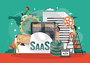 SaaS, software as service concept flat vector illustration. Internet software, application. Cloud computing.