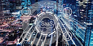 SaaS - software as a service concept with a large train station