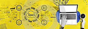 SaaS - software as a service concept with person using a laptop