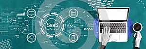 SaaS - software as a service concept with person using a laptop