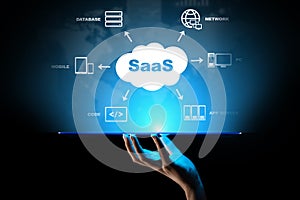 SaaS - Software as a service, on demand. Internet and technology concept on virtual screen.