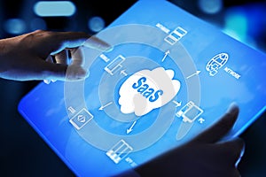 SaaS - Software as a service, on demand. Internet and technology concept on virtual screen.