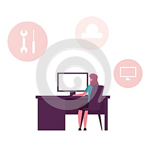 Saas, Software as a Service Internet Technology Concept. Businesswoman Character Sitting at Office Desk Working