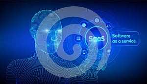 SaaS. Software as a service. Internet and technology concept on virtual screen. SAAS Computing IOT Industry. Wireframed cyborg