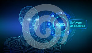 SaaS. Software as a service. Internet and technology concept on virtual screen. SAAS Computing IOT Industry. Wireframed cyborg