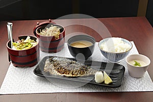 Saba Shio Rice Set served in a dish isolated on wooden table side view of singapore food