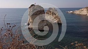 Sabah Nassar`s Rock at Raouche in Beirut, Lebanon. known as the Pigeons` Rock - Beautiful aerial view nature and sea. Lebanon attr