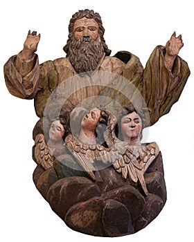 Sabaoth in the clouds with angels - ancient wooden bas-relief from Russian Orthodox Church in Vologda, Russia